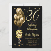 エレガントなゴールドの風船が黒い背景に映える、30歳の誕生日パーティー 招待状 (正面)