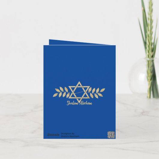 エレガントなゴールドの飛行する鳩のメノーラ 青いハヌカ シーズンカード (裏面)