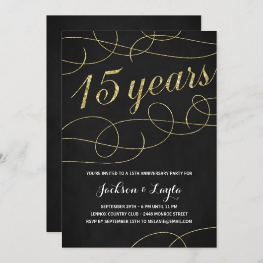 エレガントなゴールドの15周年パーティー 招待状 (正面/裏面)