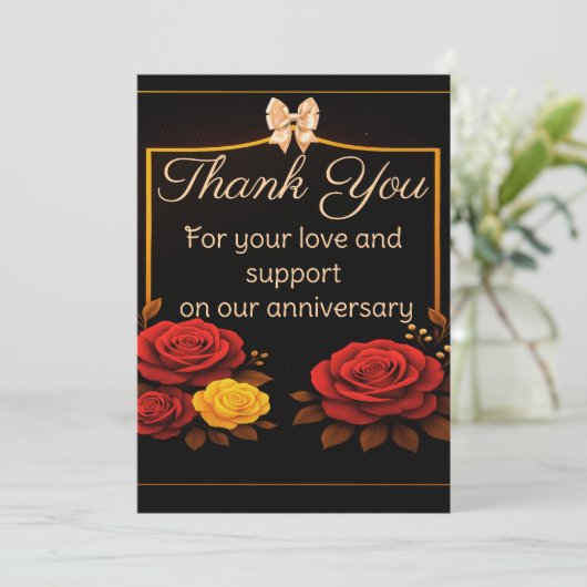 エレガントなゴールドアニバーサリーの赤いバラ サンキューカード (スタンド正面)