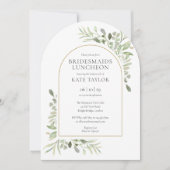 エレガントなゴールドアーチのグリーン ブライドズメイドのランチョン 招待状 (正面)
