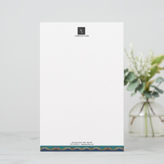 エレガントなゴールドウェーブブルーテールロゴビジネス 便箋 (スタンド正面)