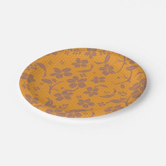 エレガントなゴールドオレンジのレースデザイン ペーパープレート (アングル)