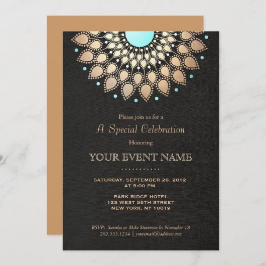 エレガントなゴールドオーナメントモチーフ ブラックリネン調 フォーマル 招待状 (正面/裏面)