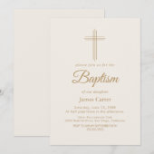 エレガントなゴールドカリグラフィークリームクロス洗礼 招待状 (正面/裏面)