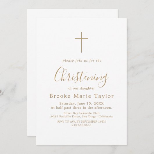 エレガントなゴールドカリグラフィークロス洗礼式 招待状 (正面/裏面)