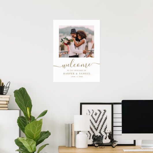 エレガントなゴールドカリグラフィー写真ウェディングウェルカム ポスター (ホームオフィス)