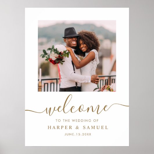 エレガントなゴールドカリグラフィー写真ウェディングウェルカム ポスター (正面)