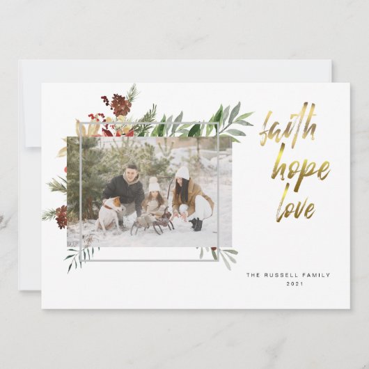 エレガントなゴールドカリグラフィー3枚写真クリスマス シーズンカード (正面)