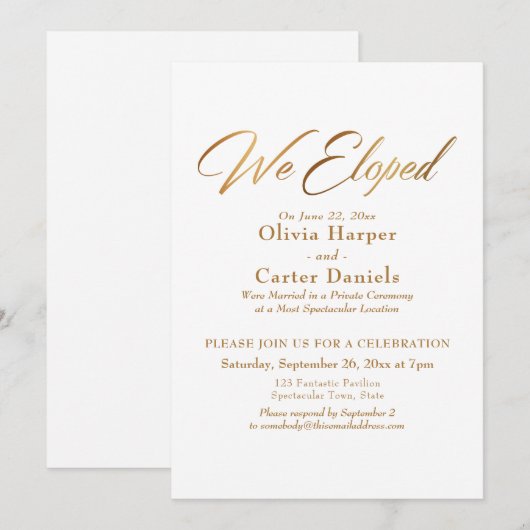 エレガントなゴールドカリグラフィー 私たち駆け落ちしました レセプション 招待状 (正面/裏面)