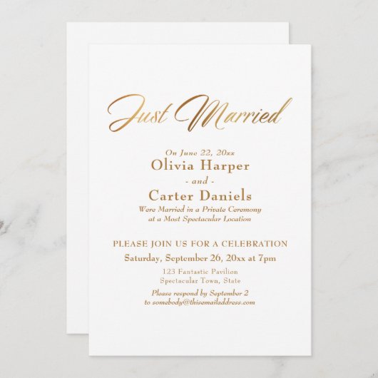 エレガントなゴールドカリグラフィー 結婚しました レセプション 招待状 (正面/裏面)