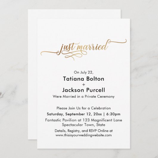 エレガントなゴールドカリグラフィー 結婚式の受付 招待状 (正面/裏面)