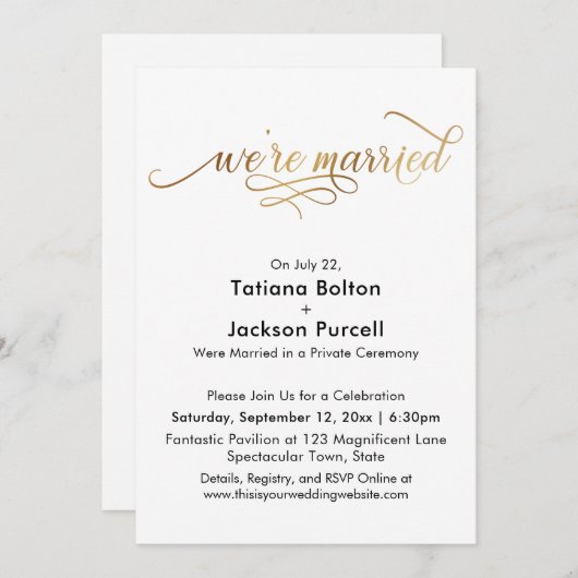 エレガントなゴールドカリグラフィー 結婚式の受付 招待状 (正面/裏面)