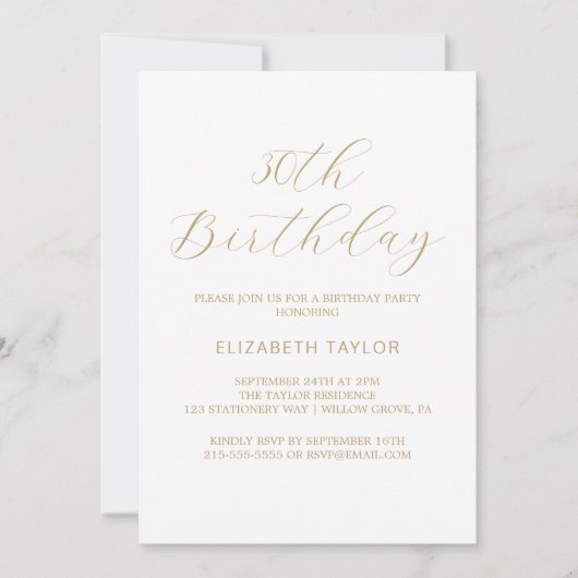 エレガントなゴールドカリグラフィー 30歳の誕生日招待状 招待状 (正面)