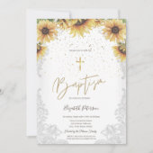 エレガントなゴールドクロス、ひまわり、白いレースの洗礼証明書 招待状 (正面)