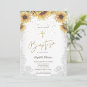 エレガントなゴールドクロス、ひまわり、白いレースの洗礼証明書 招待状 (スタンド正面)