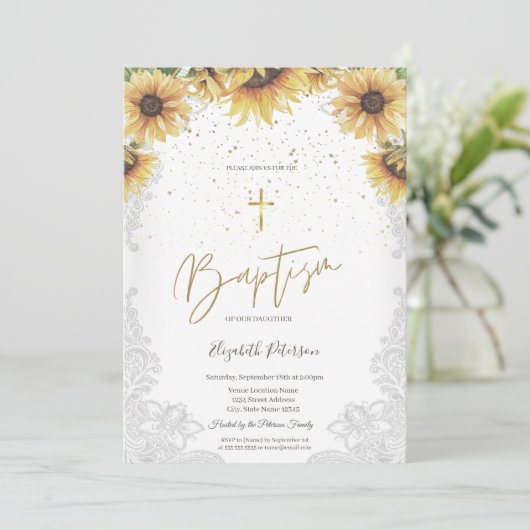 エレガントなゴールドクロス、ひまわり、白いレースの洗礼証明書 招待状 (スタンド正面)