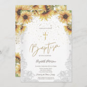エレガントなゴールドクロス、ひまわり、白いレースの洗礼証明書 招待状 (正面/裏面)