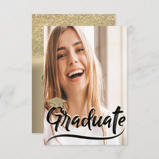 エレガントなゴールドグリッターのキャップ、写真 卒業パーティー 招待状 (正面/裏面)