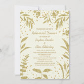 エレガントなゴールドグリッターの葉 ウェディングリハーサル 招待状 (正面)