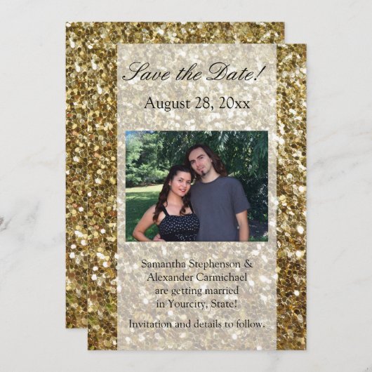 エレガントなゴールドグリッター印刷されたウェディング 招待状 (正面/裏面)