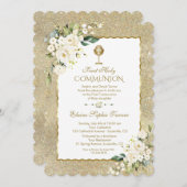 エレガントなゴールドグリッター白の花のファーストコミュニオン 招待状 (正面/裏面)