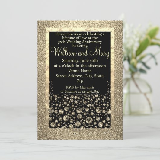 エレガントなゴールドグリッター ダイヤモンド 50周年 招待状 (スタンド正面)