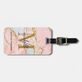 エレガントなゴールドグリッター ピンクアゲート モノグラムイニシャル ラゲッジタグ (正面横)