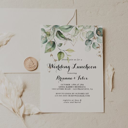 エレガントなゴールドグリーンのウェディングランチョン ブライダルシャワー 招待状