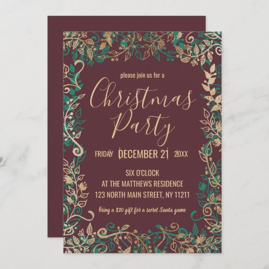 エレガントなゴールドグリーン赤の花のクリスマスパーティー 招待状 (正面/裏面)