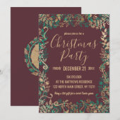 エレガントなゴールドグリーン赤の花模様クリスマスパーティー 招待状 (正面/裏面)