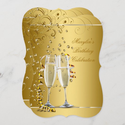 エレガントなゴールドシャンパンの誕生日パーティー 招待状 (正面/裏面)