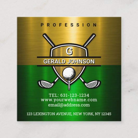 エレガントなゴールドシールドモノグラムデザイン スクエア名刺 (正面)