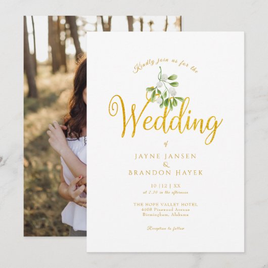 エレガントなゴールドスクリプトのミストルテートの写真　ウィンターウェディング 招待状 (正面/裏面)