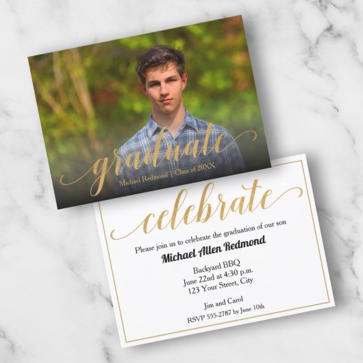 エレガントなゴールドスクリプトの卒業パーティー招待状 招待状