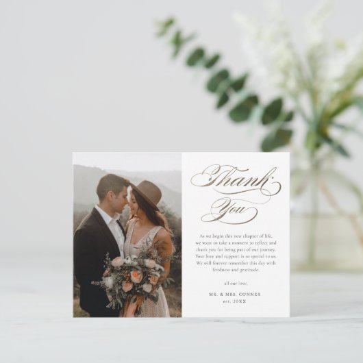 エレガントなゴールドスクリプトの結婚式お礼メッセージ ポストカード (スタンド正面)