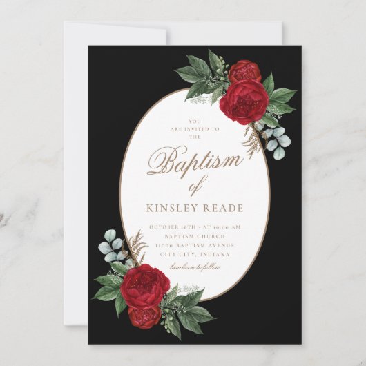 エレガントなゴールドスクリプトの赤い芍薬の洗礼 招待状 (正面)