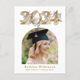 エレガントなゴールドスクリプトアーチ写真卒業式招待状 ポストカード