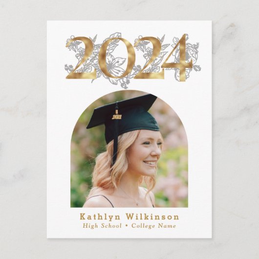エレガントなゴールドスクリプトアーチ写真卒業式招待状 ポストカード (正面)