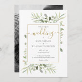 エレガントなゴールドスクリプトグリーンの葉の写真ウェディング 招待状 (正面/裏面)