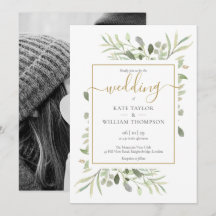 エレガントなゴールドスクリプトグリーンの葉の写真ウェディング