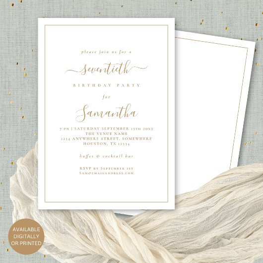 エレガントなゴールドスクリプトボーダー 70歳の誕生日パーティー 招待状