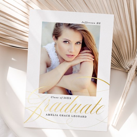エレガントなゴールドスクリプト写真 卒業のお知らせ 箔招待状