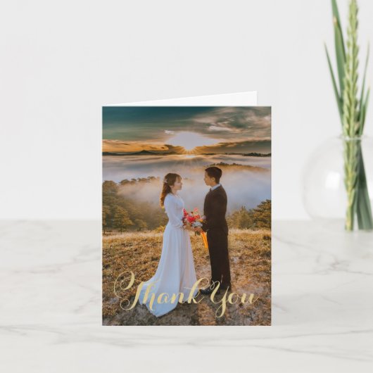 エレガントなゴールドスクリプト結婚式の写真 サンキューカード (正面)