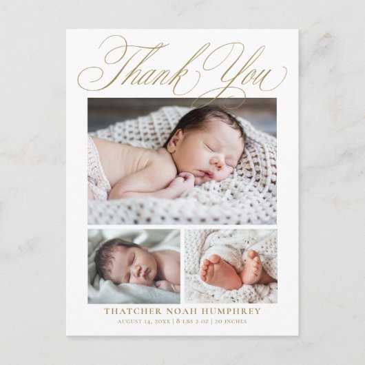 エレガントなゴールドスクリプト3フォトベイビーサンキュー ポストカード (正面)