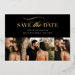 エレガントなゴールドスクリプト3枚の写真コラージュ Save the Date 箔招待状