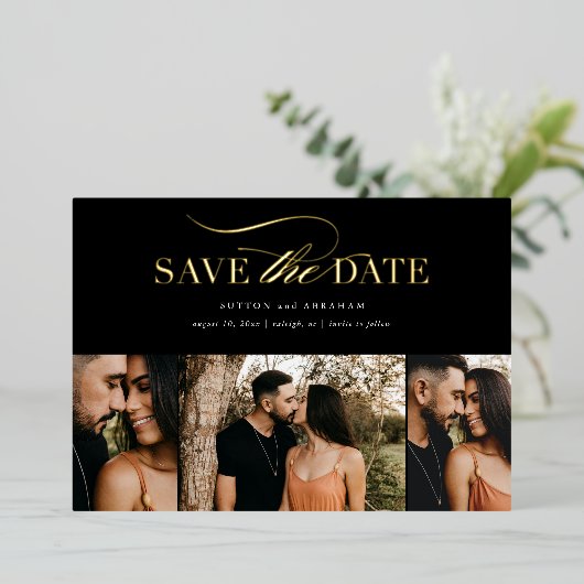 エレガントなゴールドスクリプト3枚の写真コラージュ Save the Date 箔招待状 (立ち正面)