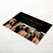 エレガントなゴールドスクリプト3枚の写真コラージュ Save the Date 箔招待状 (回転した状態)