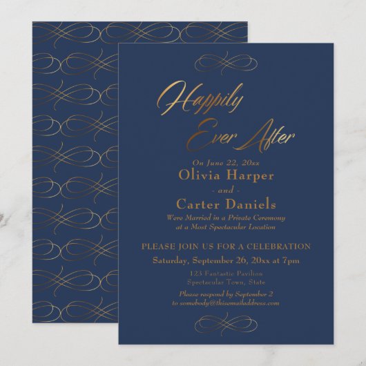 エレガントなゴールドスクリプト　ハッピーエバアフター ネイビー 招待状 (正面/裏面)