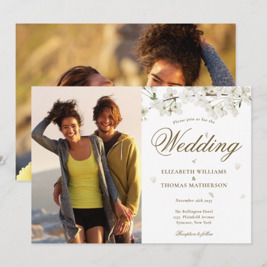 エレガントなゴールドスクリプト ホワイト ブルーム 2 フォト 招待状 (正面/裏面)